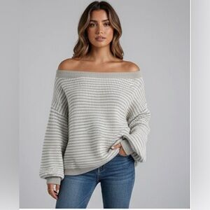 Striped Pattern Off Shoulder Lantern Sleeve Sweater